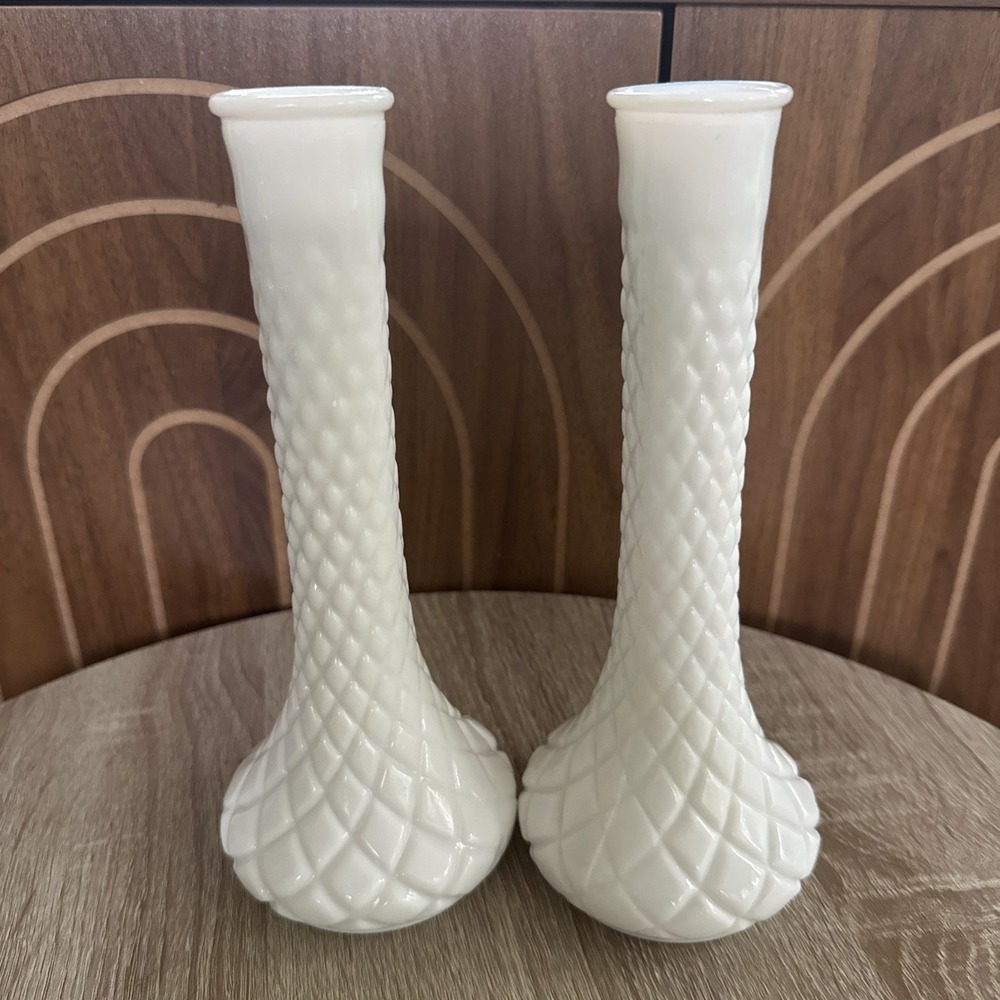 2 Vintage Hoosier White Milk Glass # 4092 Quilted Diamond 9" Tall Bud Vases